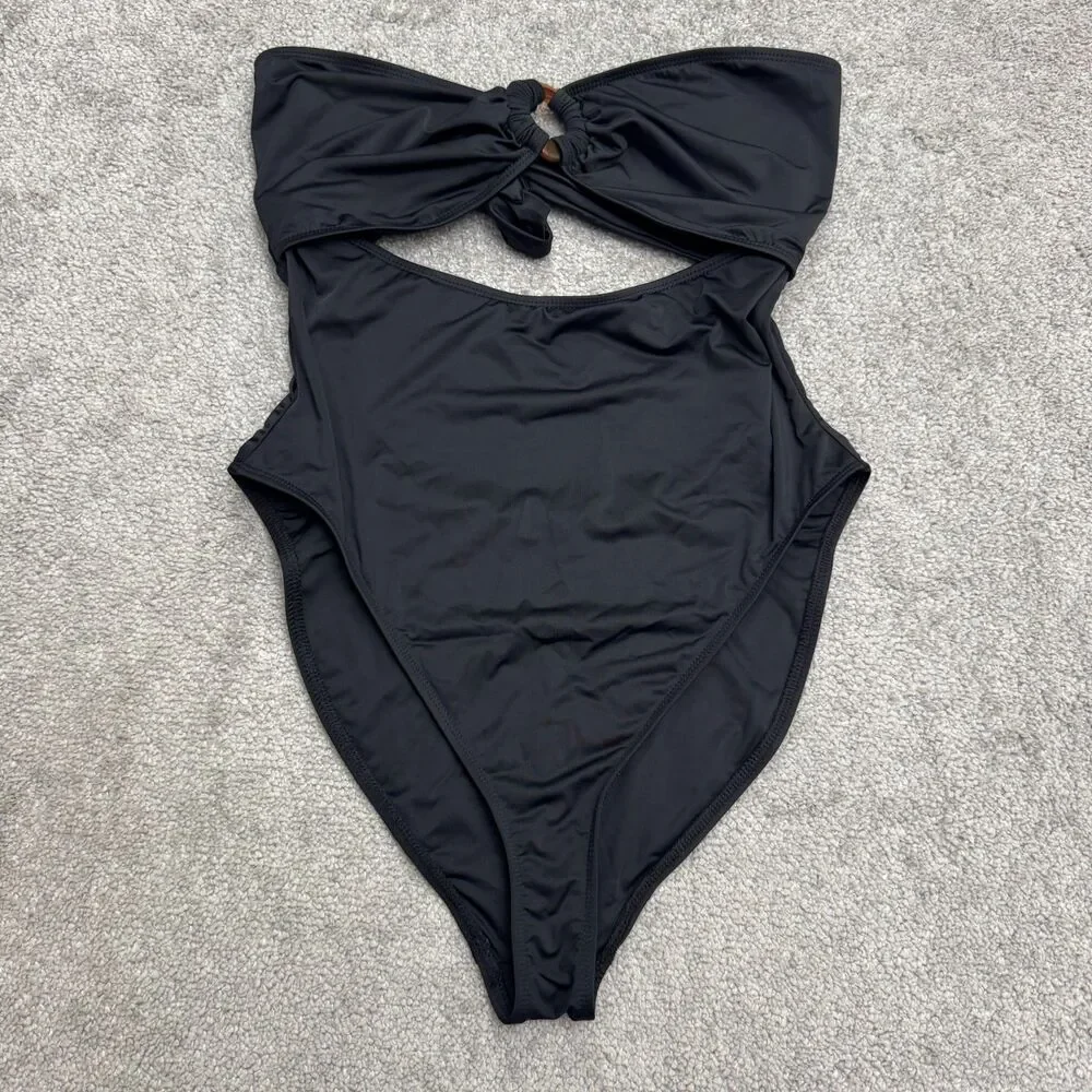 Lulus Halter O-Ring Cutout High Leg One Piece Swimsuit Womens XL Black Pull On